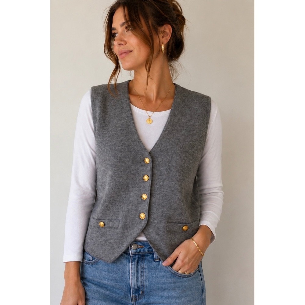 Vintage 90s Club Classics Gray Wool Blend Sweater Vest Gold Buttons XL Preppy